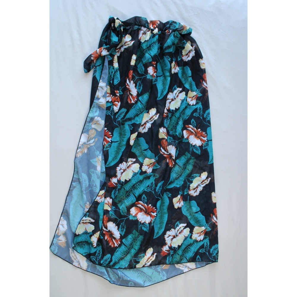 Tropical Green Leaf and Flower Sheer Tie Sarong Skirt